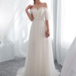 Tulle Beach Bridal Dress With TrainIvory Off Shoulder Half Sleeve Wedding Dresses