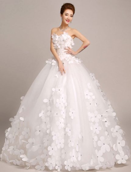 Strapless Beaded Women Pageant DressesIvory Princess Ball Gowns Bridal Dress with 3D Flowers