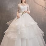 Floor Length Princess Bridal GownIvory Tulle Illusion Neckline Half Sleeve Wedding Dresses