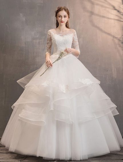 Floor Length Princess Bridal GownIvory Tulle Illusion Neckline Half Sleeve Wedding Dresses