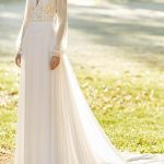 Long Sleeves Lace V Neck Bridal GownsIvory A Line Wedding Dresses With Court Train