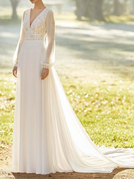 Long Sleeves Lace V Neck Bridal GownsIvory A Line Wedding Dresses With Court Train