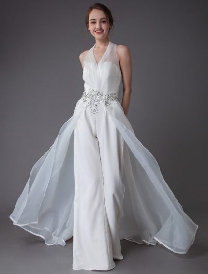 Halter V Neck Rhinestones Backless Culottes Bridal DressIvory Wedding Jumpsuits