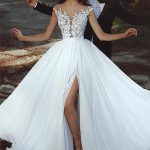 Modern Front Slit Sheer Bride DressLace Appliques Chiffon Wedding Dresses