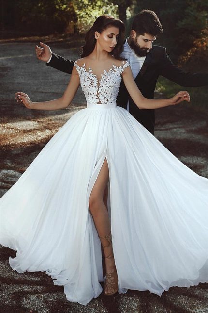 Modern Front Slit Sheer Bride DressLace Appliques Chiffon Wedding Dresses