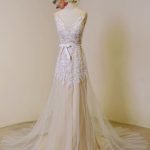 Beach Wedding Dress With Detachable Satin SashLace Boho Wedding Dress Fleshcolor Tulle Bridal Gown