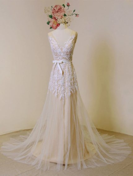 Beach Wedding Dress With Detachable Satin SashLace Boho Wedding Dress Fleshcolor Tulle Bridal Gown