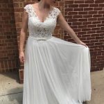 A-Line Wedding Dress with V-Neckline Sweep Train and Belt PleatsLace Chiffon