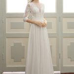 A-Line Bateau Floor-Length Wedding Dress with Half Sleeves and Pleated Chiffon Lace
