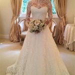 Long Sleeves Wedding Dresses with Lace High Neck and Court TrainBall Gown Style