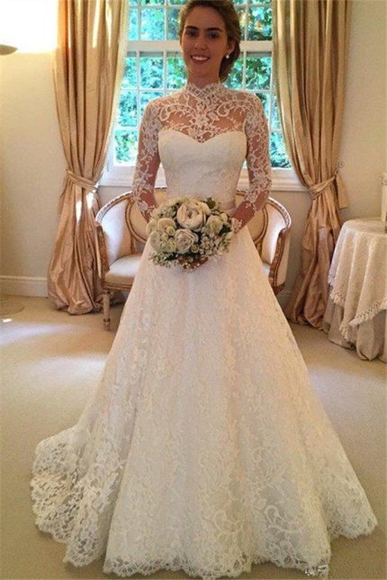 Long Sleeves Wedding Dresses with Lace High Neck and Court TrainBall Gown Style
