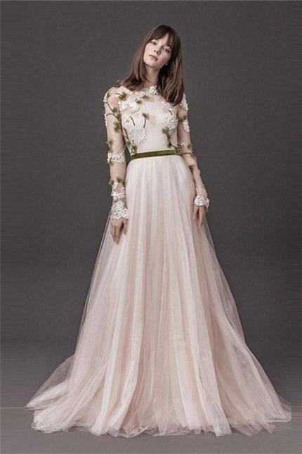 Pleated Tulle Bridal Gowns OnlineFloral A-line Wedding Dresses with Long Sleeves