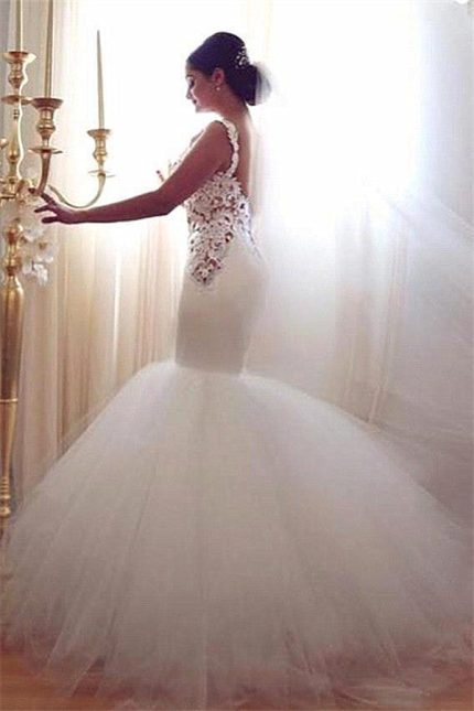 Open Back Sleeveless Modern Bridal Gowns OnlineLace Mermaid Tulle Bridal Gowns