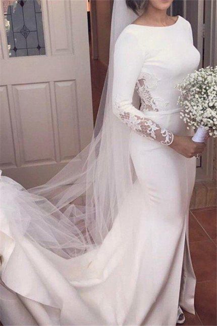 Mermaid Scoop Court Train Wedding Dresses with Long SleevesLace Satin