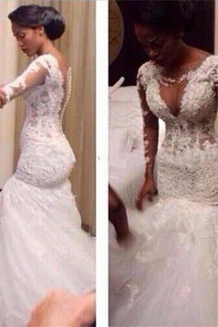 Long Sleeves Wedding Dresses with V-Neck and Mermaid SilhouetteLace Tulle