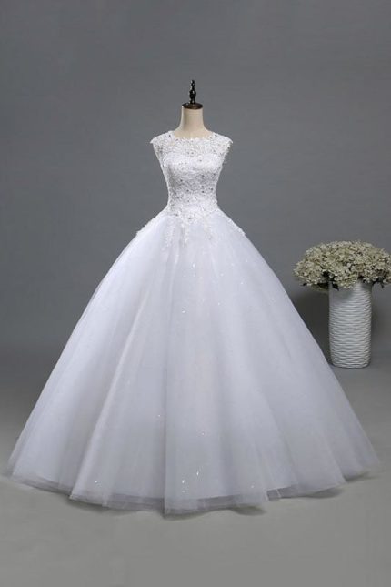 Appliques Tulle A-Line Wedding Dress with Lace-Up Back