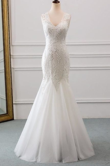Mermaid Wedding Dress with Floor Length and Lace-Up Back