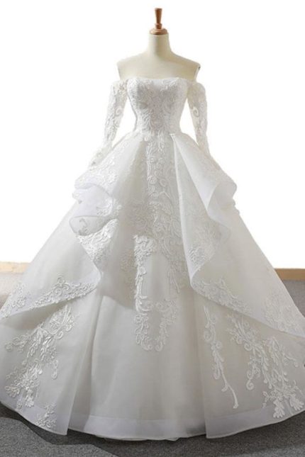 Off Shoulder Long Sleeve Tulle Wedding Dress with Lace-Up Design