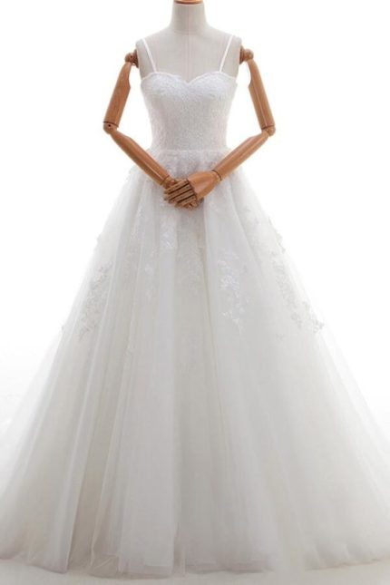 Spaghetti Strap Tulle A-Line Wedding Dress with Lace-Up Back