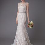 Champagne Beach Wedding Gown with Jewel Sleeveless Backless DesignLace Wedding Dress with Train