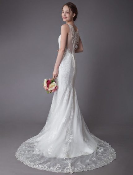 Ivory Beach Wedding Dress with Illusion Neckline and Sleeveless Chain DesignLace Wedding Dress with Train
