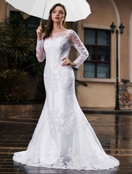 Ivory White Wedding Dress with Jewel Neck and Long SleevesTulle Bridal Gowns