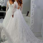 A-Line Chapel Wedding Dress with Keyhole Back and Long SleevesLace