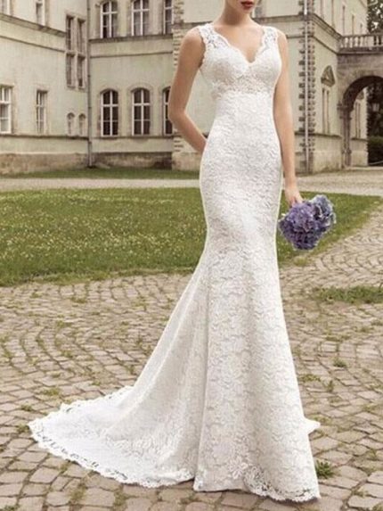 Beach Bridal Gowns with Mermaid Silhouette and V NecklineLace Wedding Dress