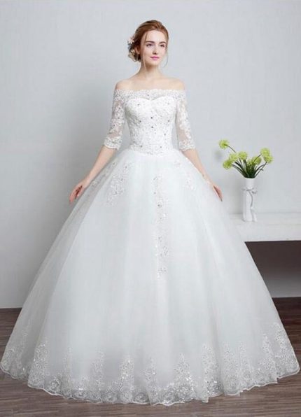 Ivory A-Line Bridal Dress with Lace Up and Half SleevesSequined Floor Length Lace Wedding Dress