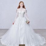 Luxury Bridal Gown with Applique Illusion Heart Back DesignOff The Shoulder White Lace Wedding Dress with Cathedral Train