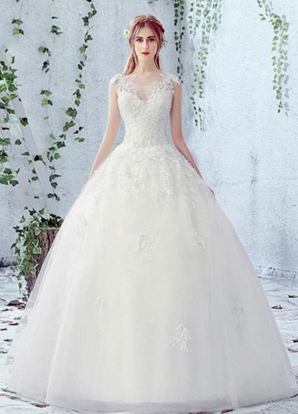 Satin Net Lace Up Bridal Dress with BeadsScoop Neck Sleeveless Lace Wedding Dress