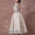 Vintage Champagne Bridal Gown with Bateau Neckline and Half SleevesA-Line Tea Length Lace Wedding Dress