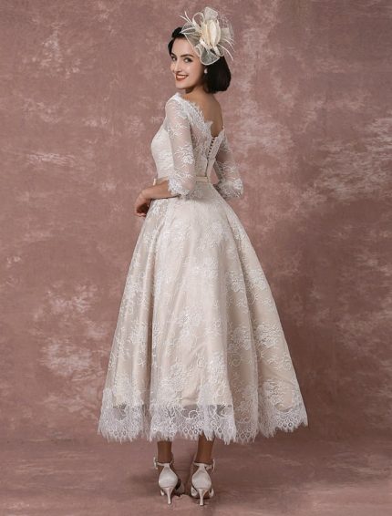 Vintage Champagne Bridal Gown with Bateau Neckline and Half SleevesA-Line Tea Length Lace Wedding Dress