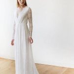 Ivory Bridal Gowns with A-Line Silhouette and Long SleevesV-Neck Lace Wedding Dress with Train