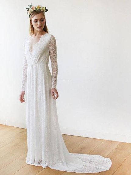 Ivory Bridal Gowns with A-Line Silhouette and Long SleevesV-Neck Lace Wedding Dress with Train