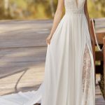 Chiffon Illusion Neckline Long Bridal Gowns with TrainA-Line Sleeveless Lace Wedding Dress