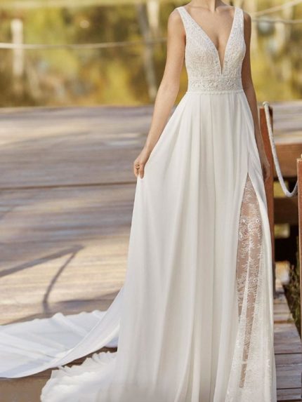 Chiffon Illusion Neckline Long Bridal Gowns with TrainA-Line Sleeveless Lace Wedding Dress