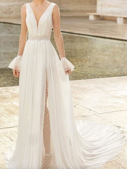 Dropped Long Sleeves Lace V Neck Bridal Gowns with TrainLace Wedding Dress