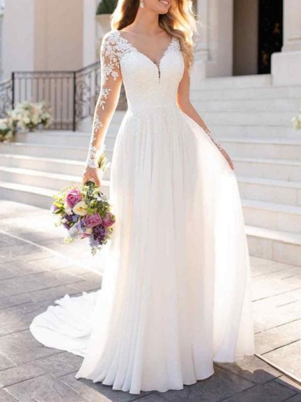 Chiffon V Neck A-Line Long Sleeve Lace Applique Beach Wedding Dress with Train