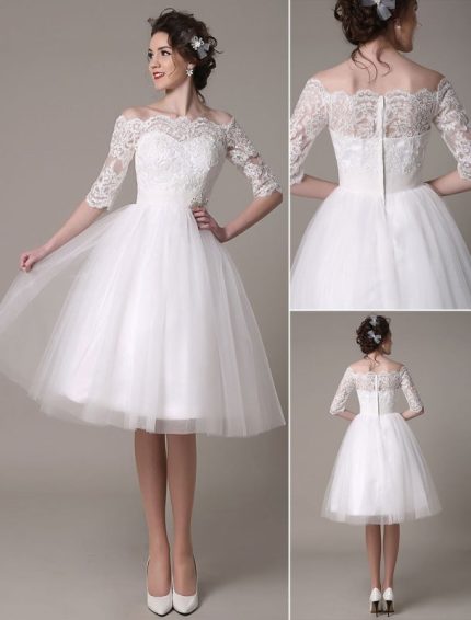 Short Off The Shoulder A-Line Knee Length Bridal Dress with Waist Rhinestone Embellishments