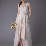 High Low Bow Sash Tulle Applique Colored Bridal Gowns for Summer Beach