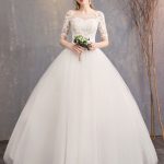 Ivory Floor Length Princess Wedding Dress with Illusion Neckline and Half Sleeves