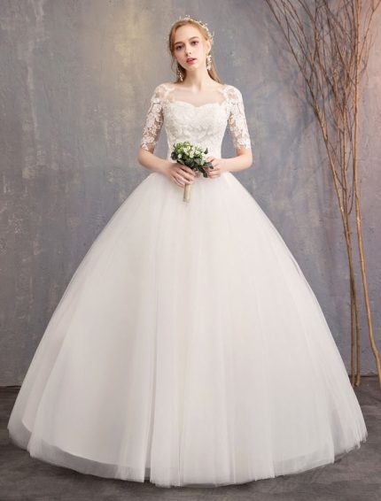 Ivory Floor Length Princess Wedding Dress with Illusion Neckline and Half Sleeves