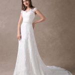 Ivory V Neck Chiffon Beading Sash Cap Sleeve Bridal Dress with Train