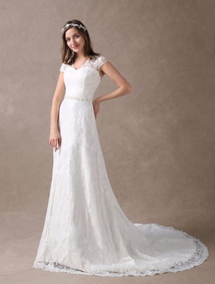 Ivory V Neck Chiffon Beading Sash Cap Sleeve Bridal Dress with Train
