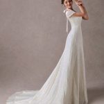 Ivory V Neck Short Sleeve A-Line Bridal Gowns with Straps and Train