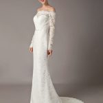 Off The Shoulder Long Sleeve Beaded Sash Bridal Gowns with Train