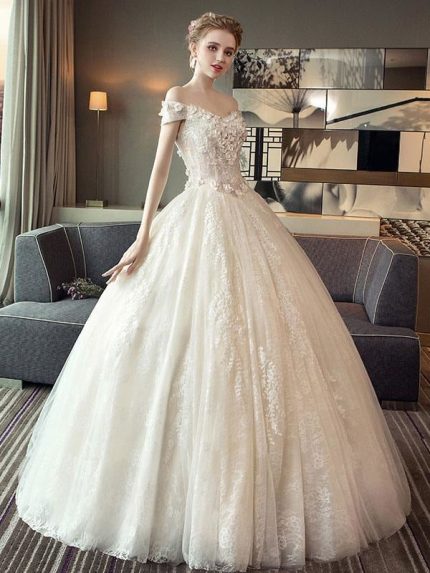 Princess Ball Gown Bridal Dress with Ivory Flowers Applique and Off The Shoulder Design