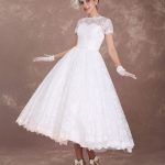 Short Sleeve 1950's Vintage Bridal Dress with Sweetheart IllusionIvory A-Line Tea Length