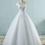 Cap Sleeves Ball Gown Tulle Wedding DressesWhite Lace